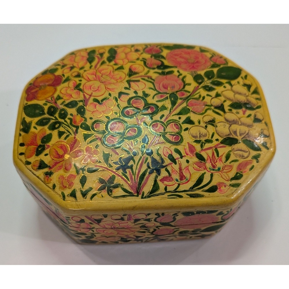 Trinket Box Unisex Small Yellow Good Floral Papier Mache Octagonal